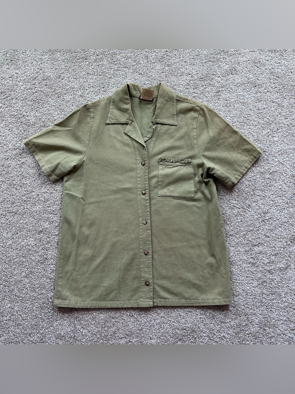 Vintage Republic Blues Womens S Olive Green Cotton Camp Shirt Fringed Pocket Y2K